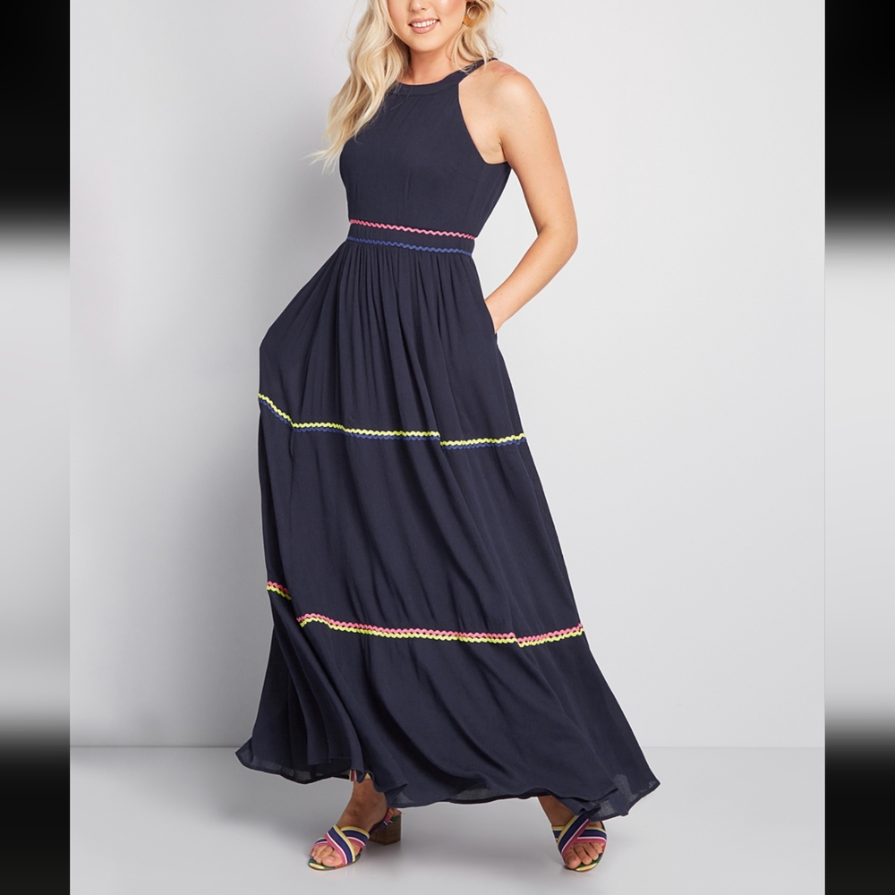 ModCloth | Navy Blue Zigzag Contrast-Trim Sleeveless Maxi Dress Size 16